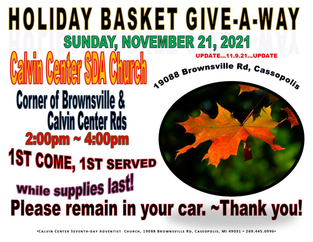 Flyer for Calvin Center SDA Church holiday basket give-a-way, 11-21-21