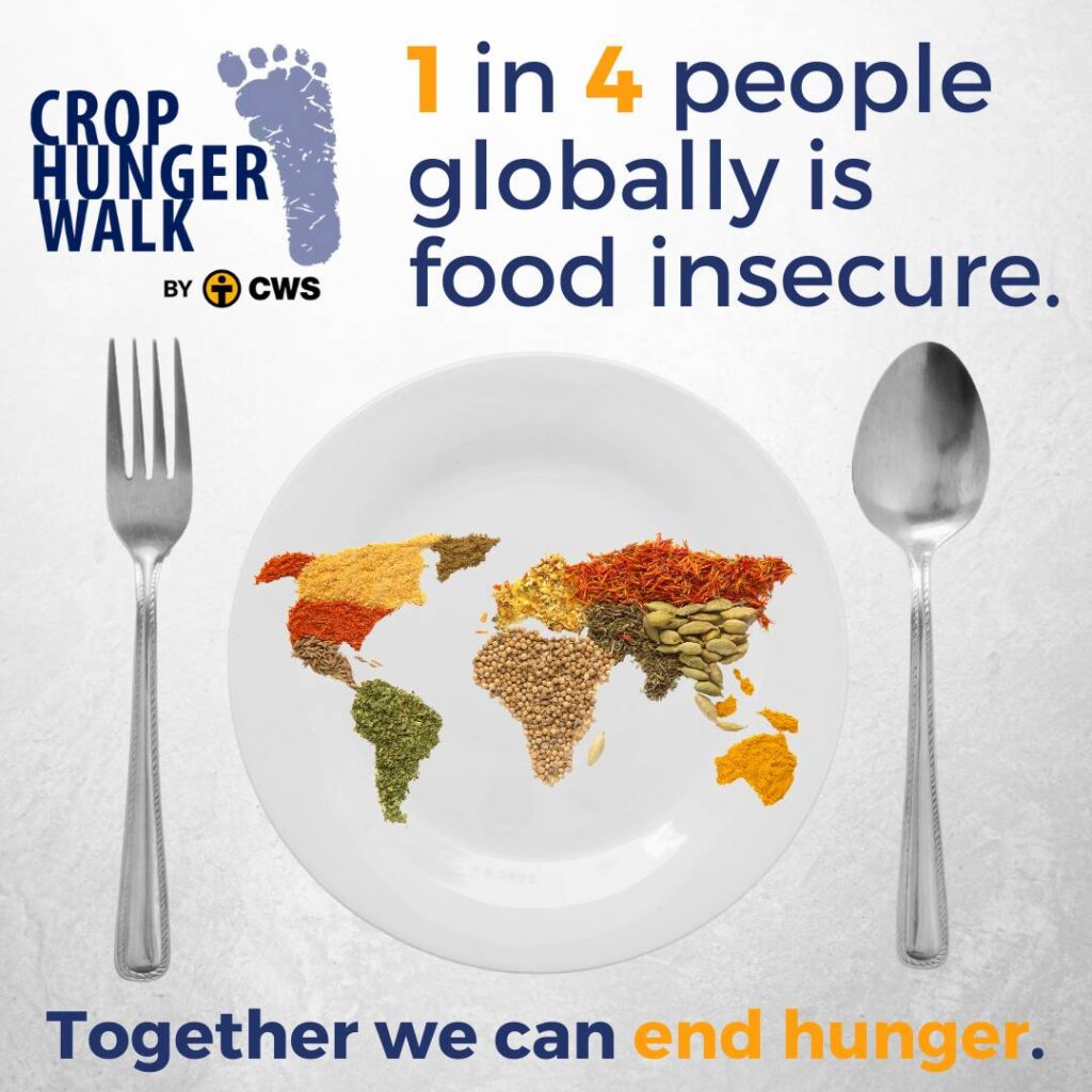 crop hunger walk picture with statistic about hunger. Food plate contains colored beans laid out like a world map.